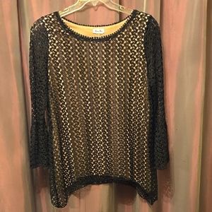 Brittany Black Gold 3/4 Sleeve Blouse with Lace Overlay